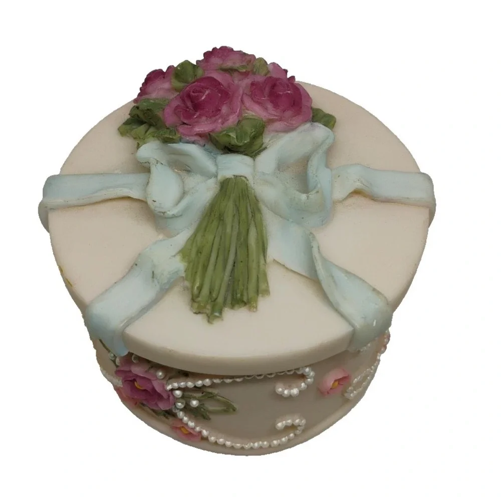 Vintage Dezine ? Hand Painted Roses‎ Pearls Trinket Box W/Lid